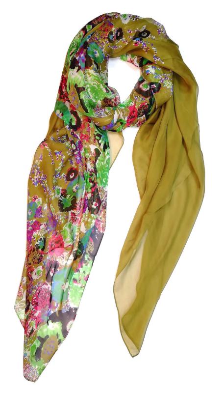 Scarf 100% Silk Chiffon Festive Colorful Flower Green Olive